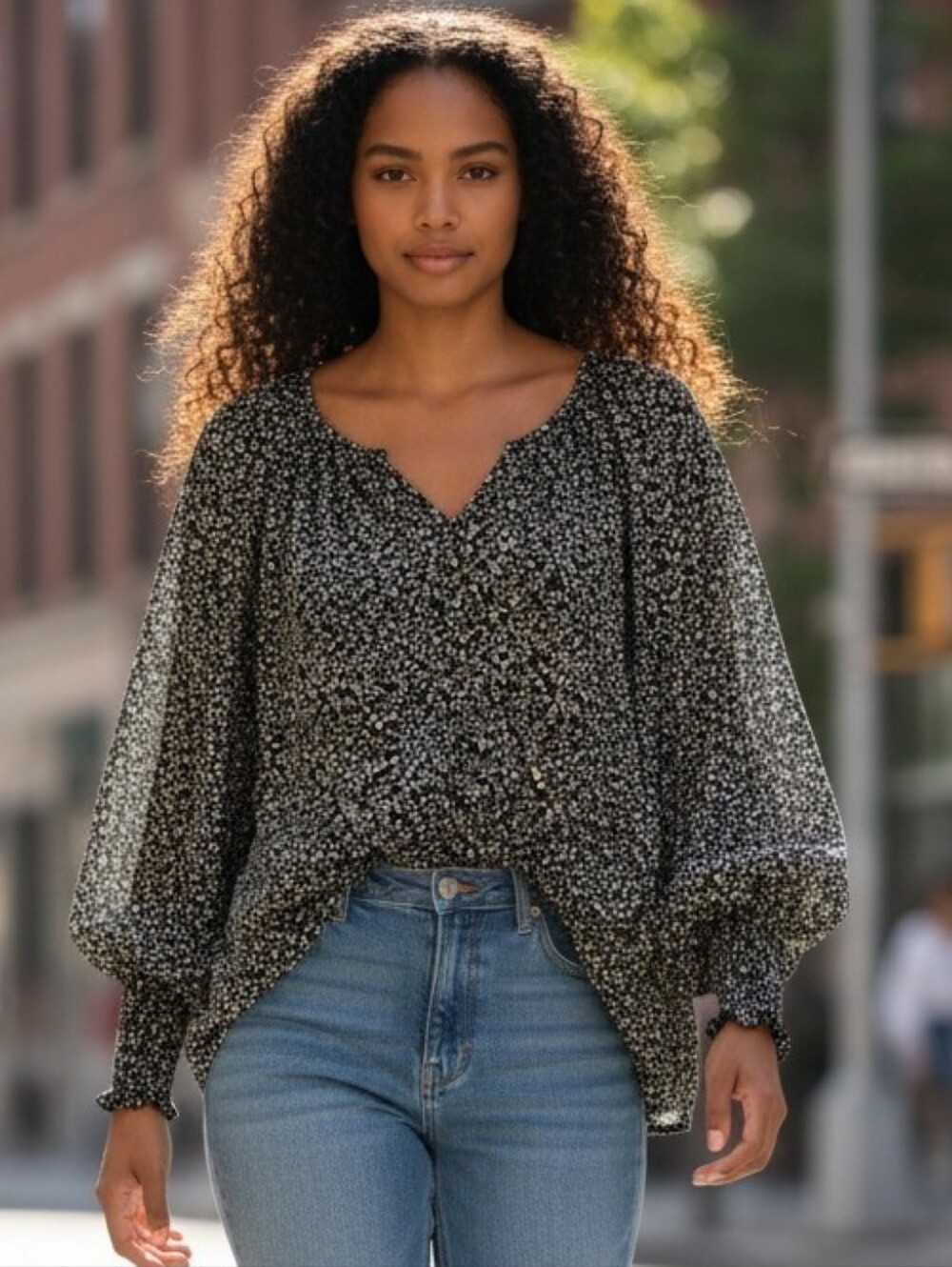 Old Navy Black and White Ditzy  Floral Peasant Blouse